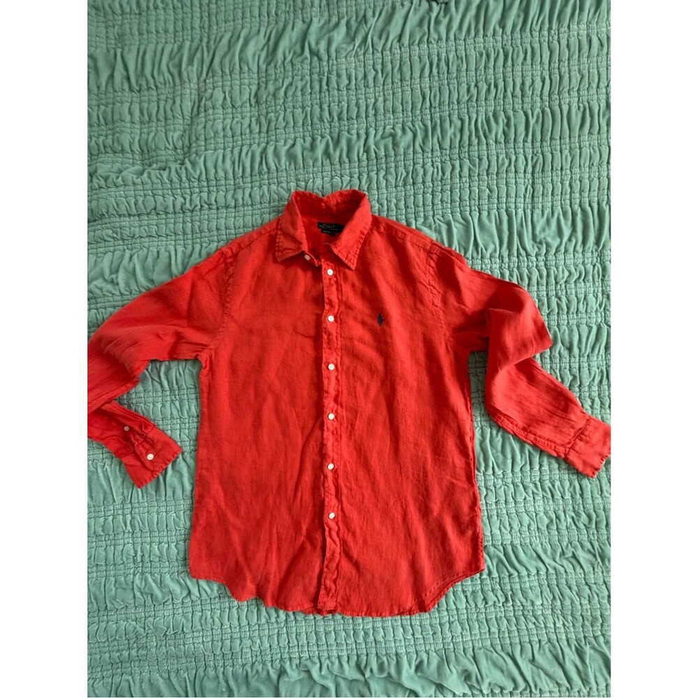 Ralph Lauren Women's Coral Long-Sleeve Linen Button-Down Shirt-Small P